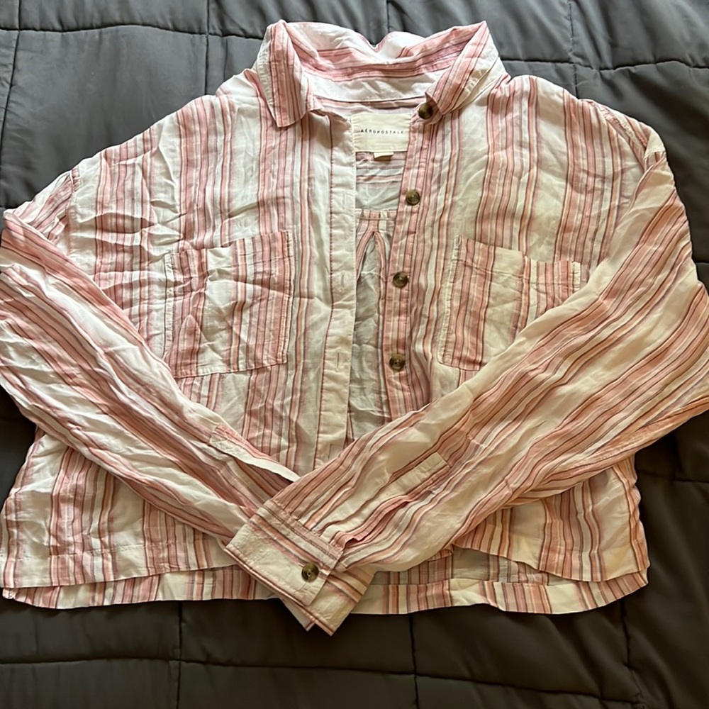 Large Aeropostale, pink and white striped long sleeve, flowy shirt